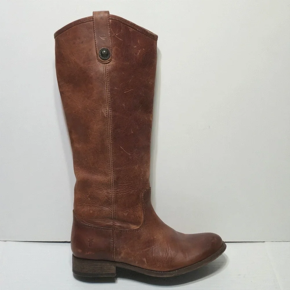 FRYE Melissa Button  Leather Tall Riding Boots Brown Women's Size 7 B Pull-on